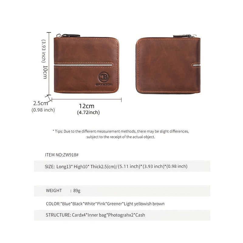 Portefeuille homme compact zippé tout autour, 12 x 10 cm