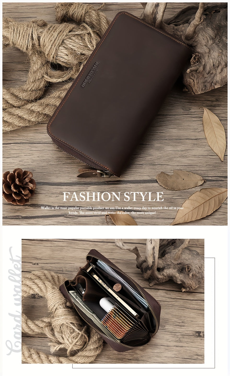 Portefeuille homme compagnon cuir crazy horse, 21 cm zippé