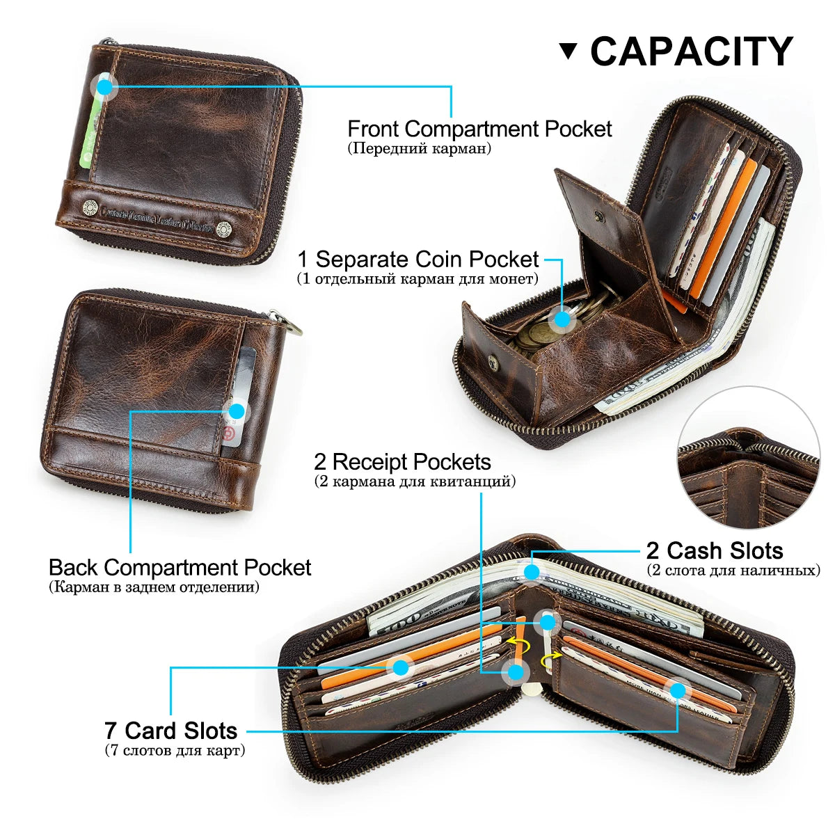 Portefeuille  en cuir véritable - Luxe Designer & Sécurité Zippée — photo 4 Image