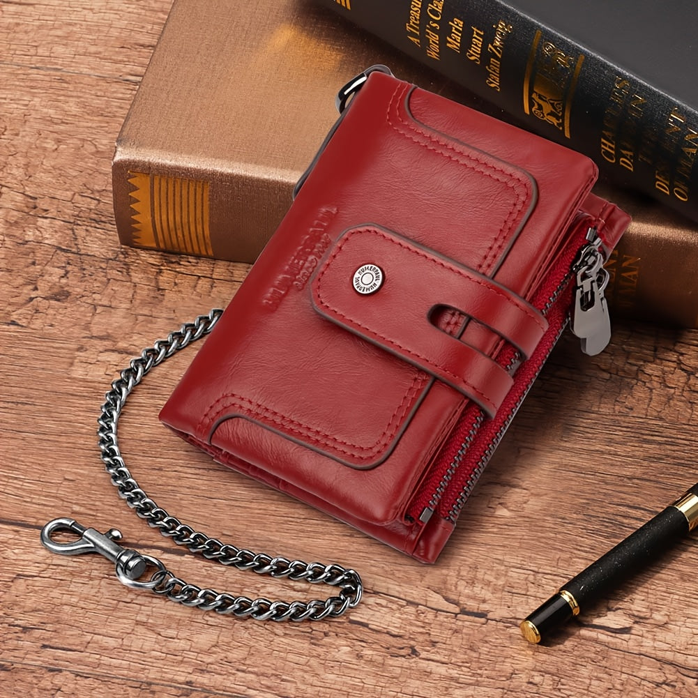 Portefeuille homme court à chaîne en cuir, 14 fentes cartes