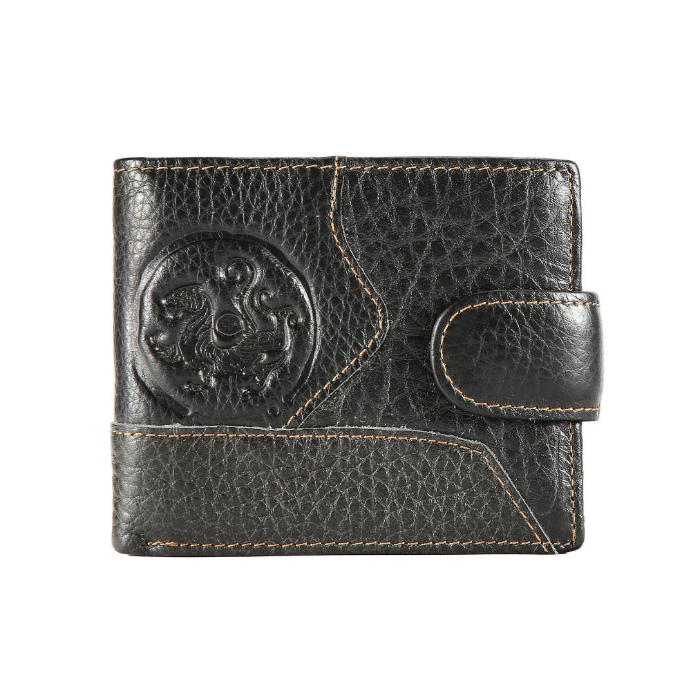 Portefeuille homme court en cuir gaufré, médaillon en relief