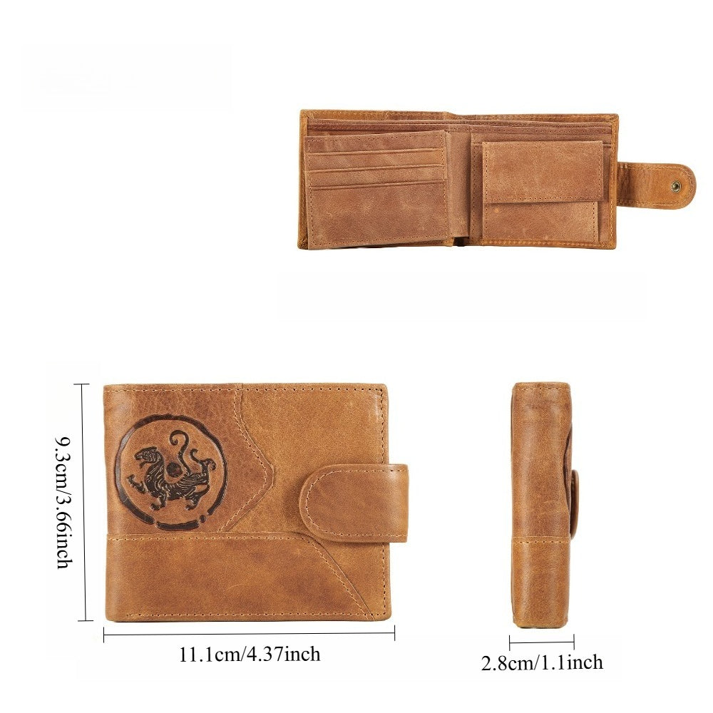 Portefeuille homme court en cuir gaufré, médaillon en relief