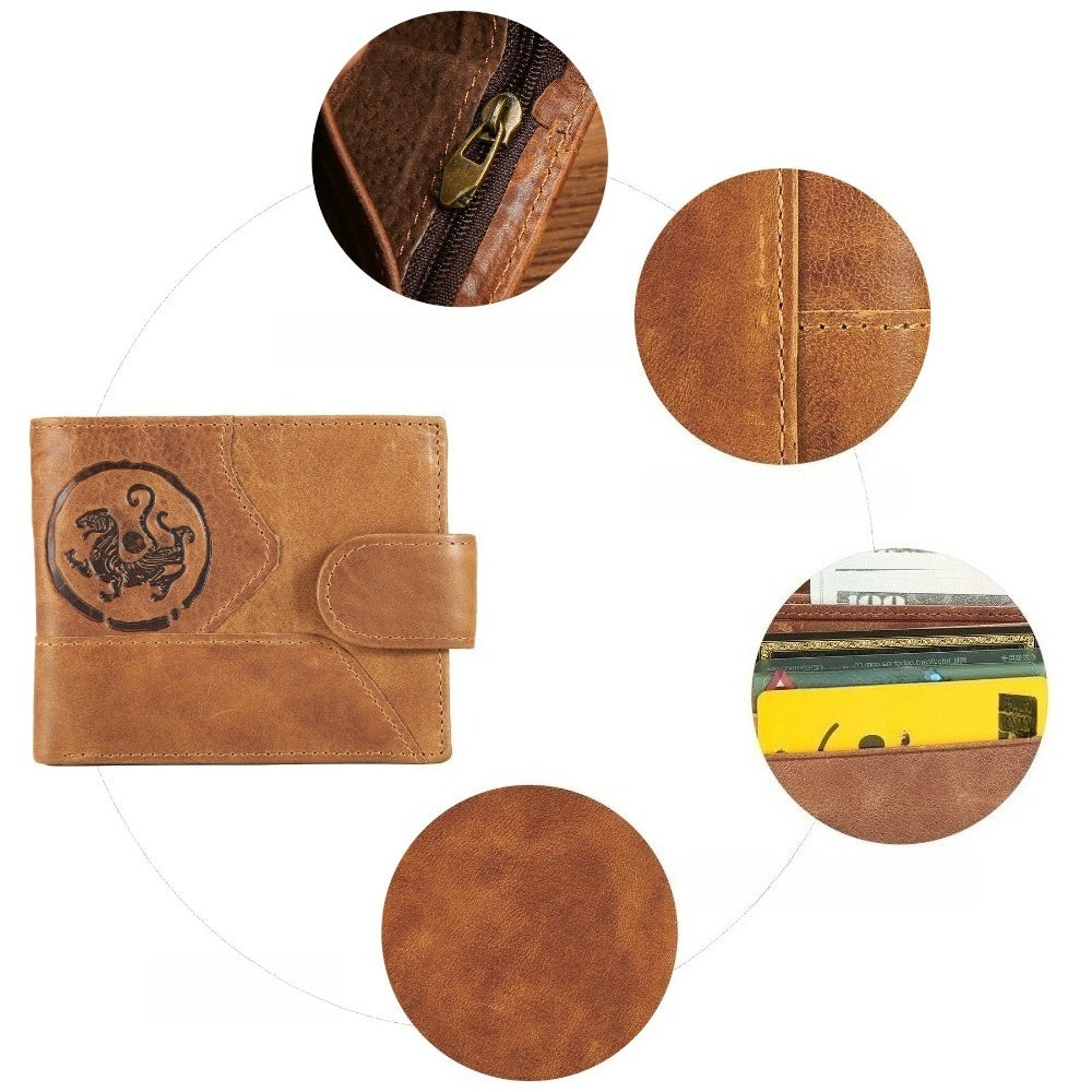 Portefeuille homme court en cuir gaufré, médaillon en relief