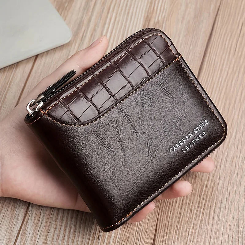 Portefeuille homme luxe court à fermeture éclair — Motif pierre et patchwork rétro — photo 1