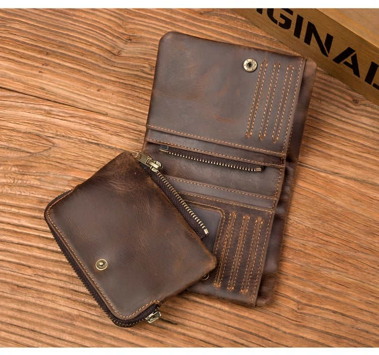 Portefeuille homme ciré Crazy Horse, glissière trois côtés
