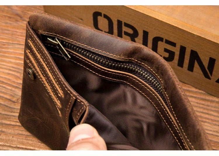 Portefeuille homme ciré Crazy Horse, glissière trois côtés