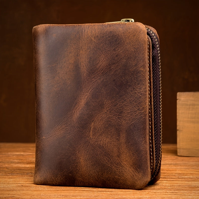 Portefeuille homme ciré Crazy Horse, glissière trois côtés
