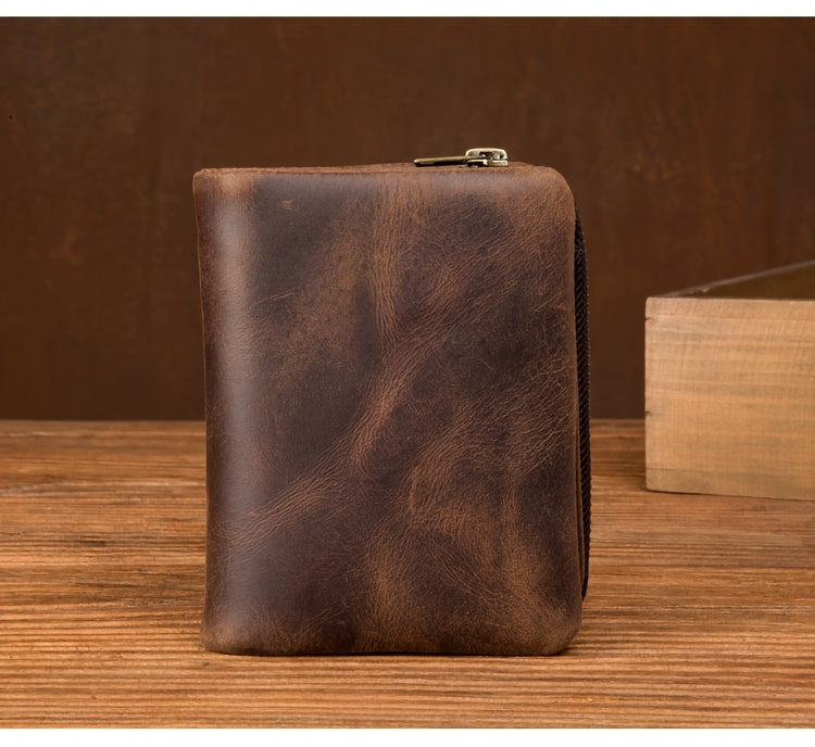 Portefeuille homme ciré Crazy Horse, glissière trois côtés