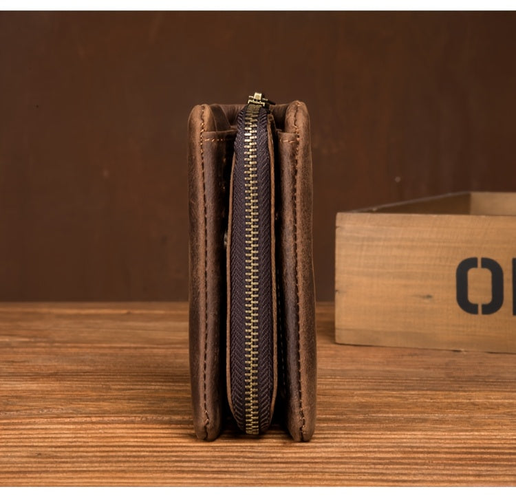 Portefeuille homme ciré Crazy Horse, glissière trois côtés