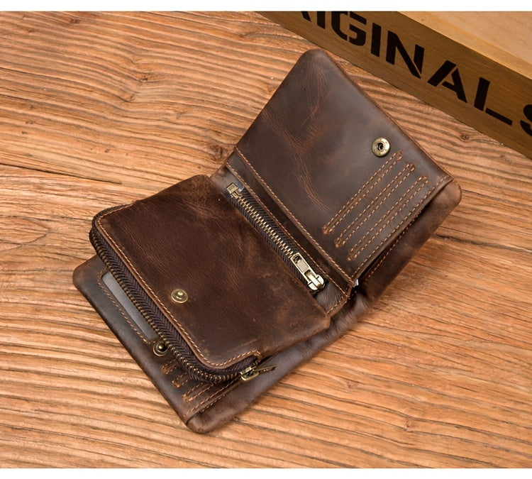 Portefeuille homme ciré Crazy Horse, glissière trois côtés
