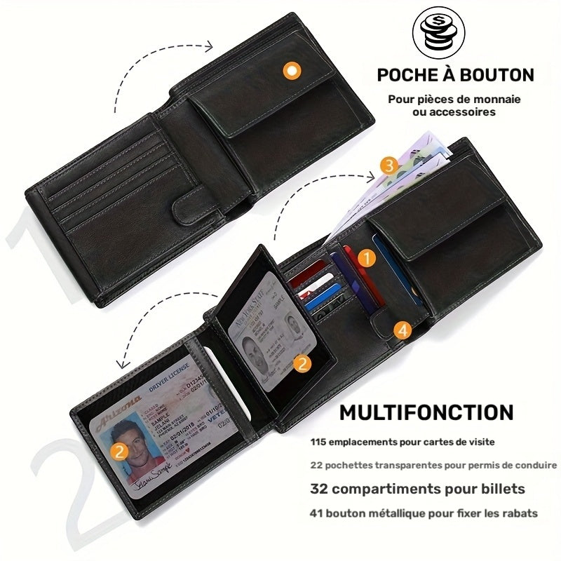 Portefeuille homme cuir 15 fentes, poche monnaie à bouton