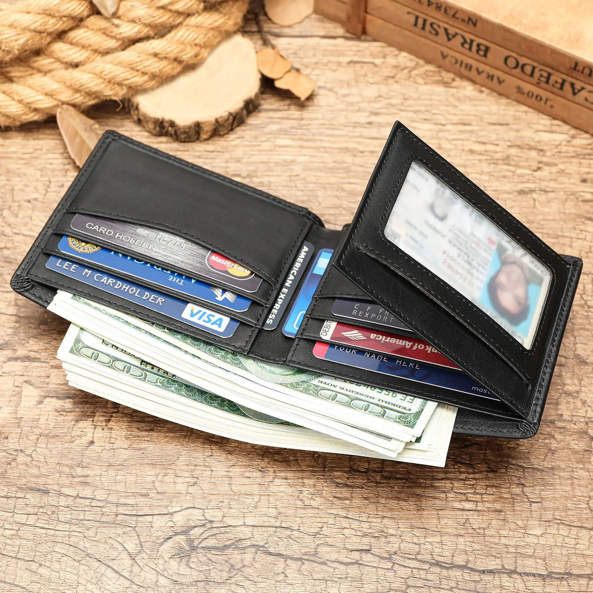 Portefeuille homme cuir véritable bifold vintage avec porte-cartes et clip à billets compact — photo 1