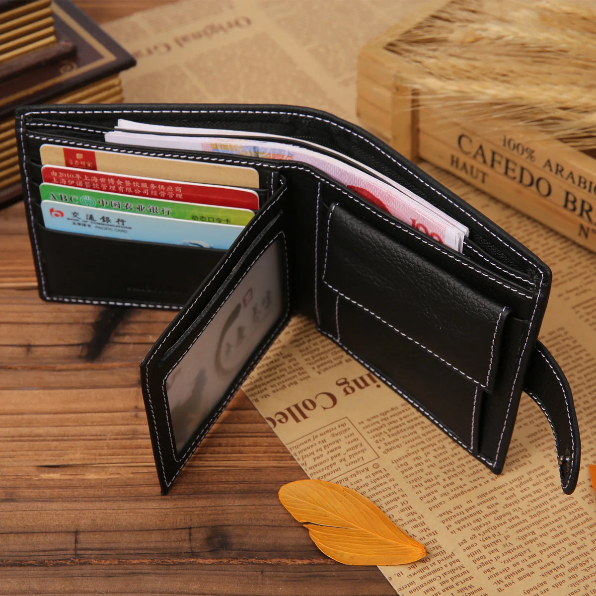 Portefeuille homme en cuir véritable compact avec bouton pression et compartiment zippé — photo 2