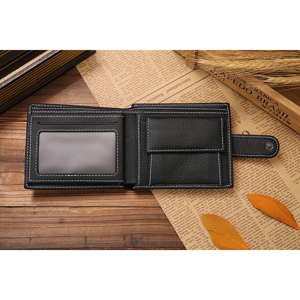 Portefeuille homme en cuir véritable compact avec bouton pression et compartiment zippé — photo 5 Image