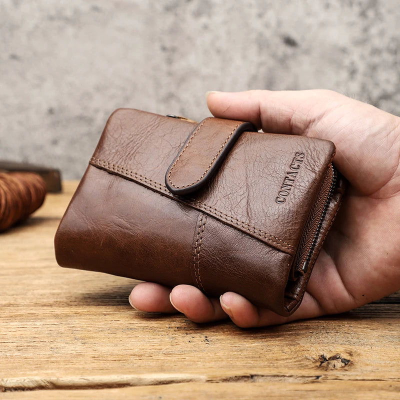 Portefeuille homme en cuir véritable compact avec bouton pression, zip et porte-cartes intégré — photo 1