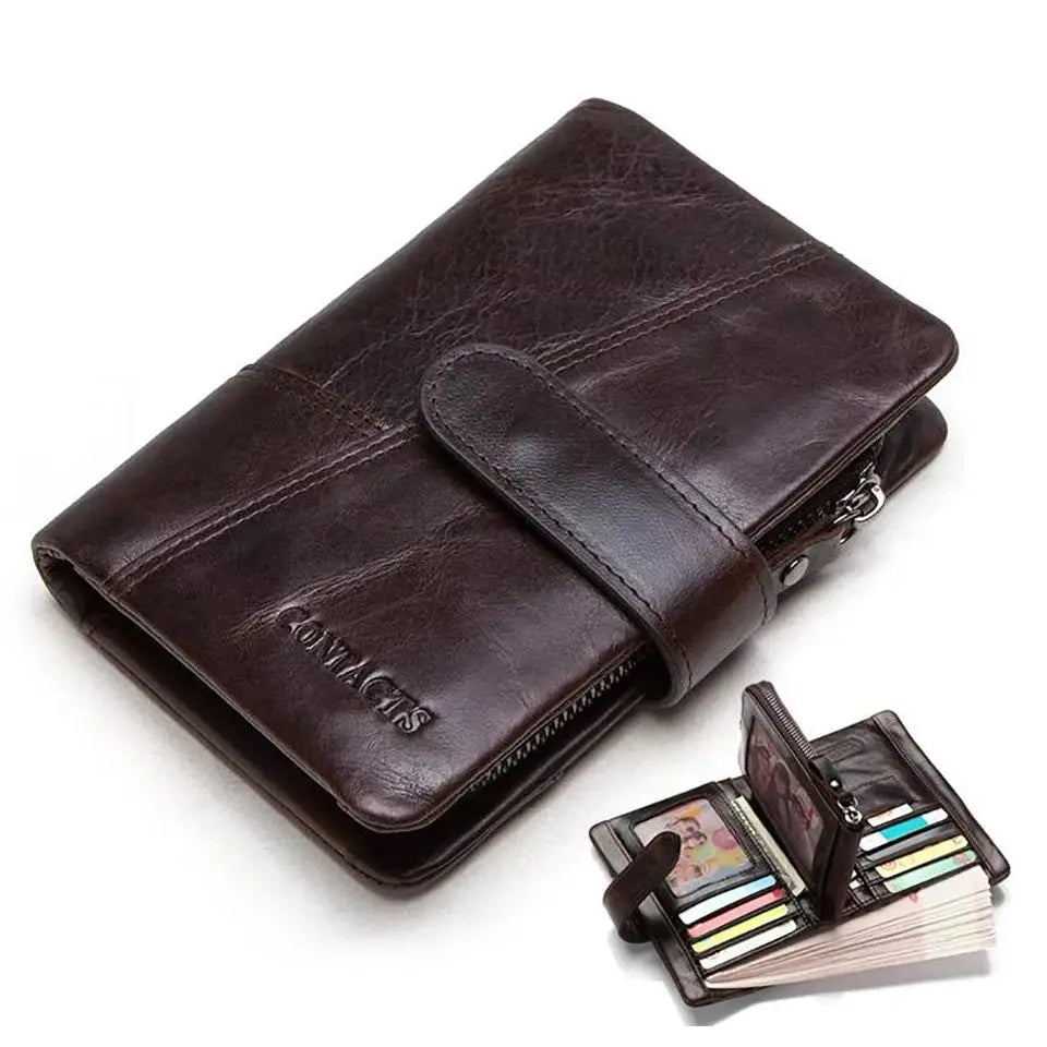 Portefeuille homme en cuir véritable compact avec bouton pression, zip et porte-cartes intégré — photo 2