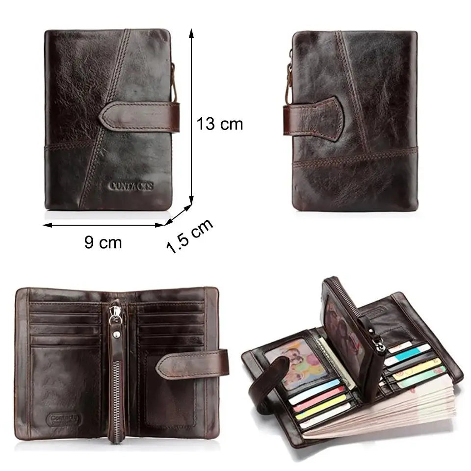 Portefeuille homme en cuir véritable compact avec bouton pression, zip et porte-cartes intégré — photo 4 Image