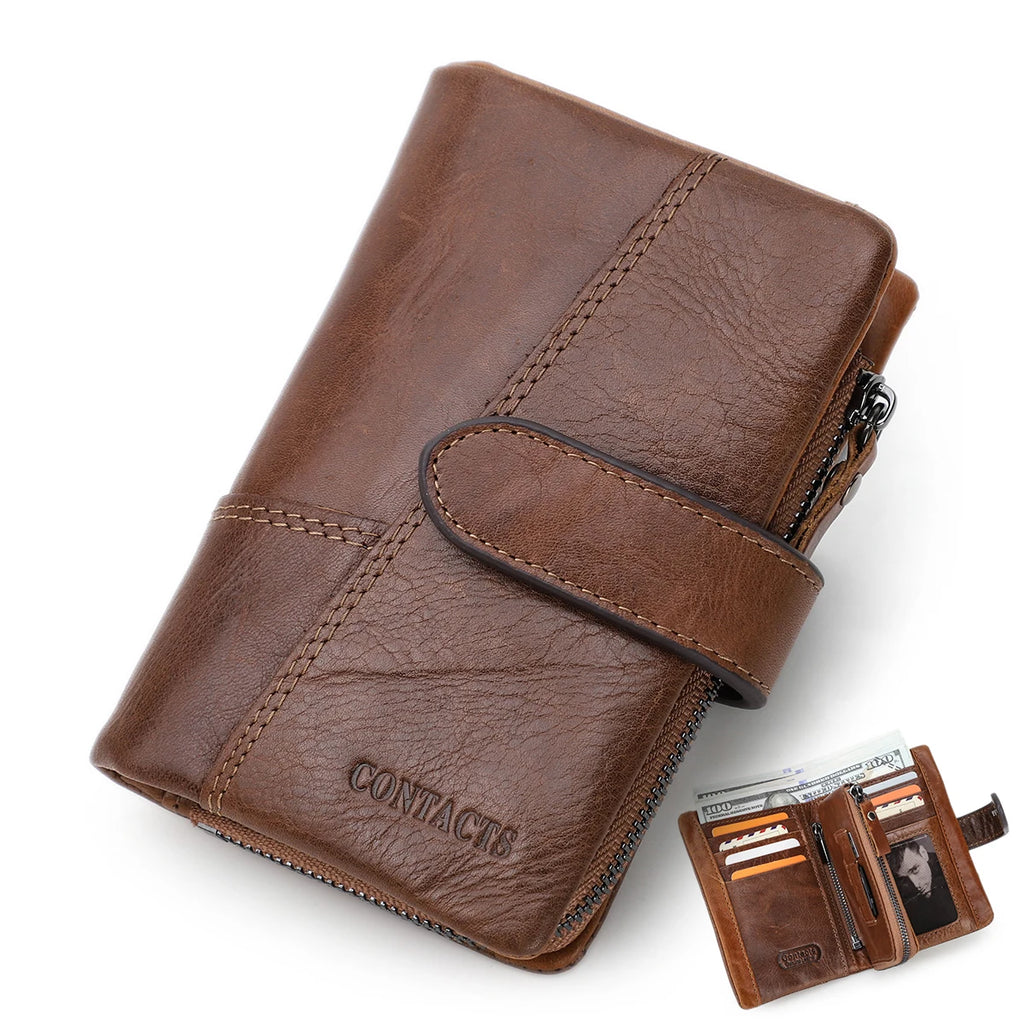 Portefeuille homme en cuir véritable compact avec bouton pression, zip et porte-cartes intégré — photo 5