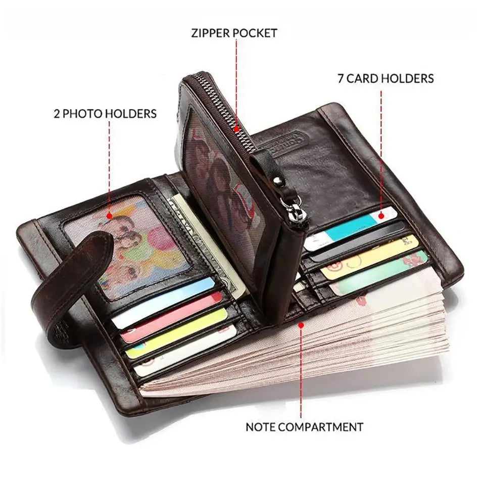 Portefeuille homme cuir véritable compact bifold zippé avec porte-monnaie et rabat — photo 5