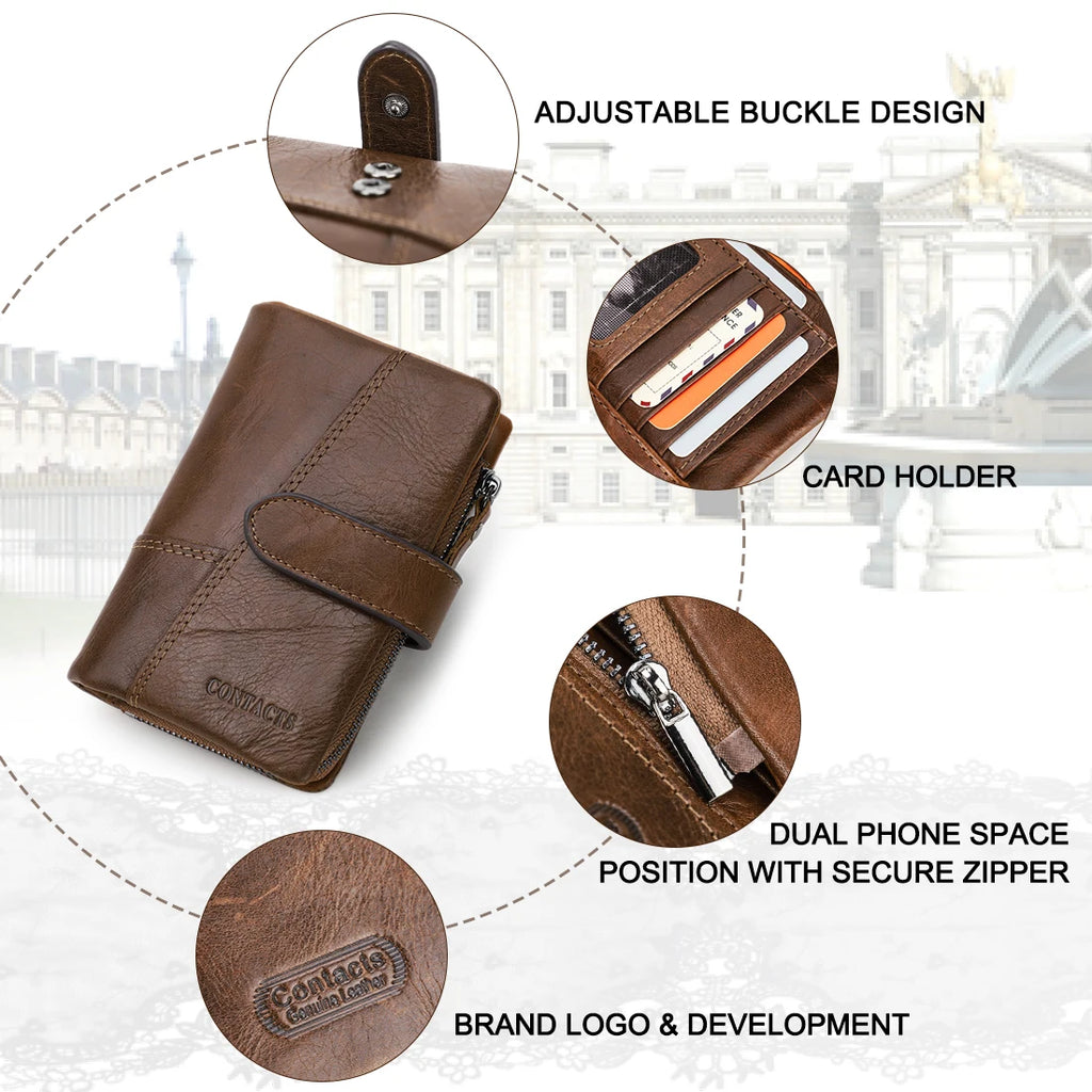 Portefeuille homme cuir véritable compact bifold zippé avec porte-monnaie et rabat — photo 6