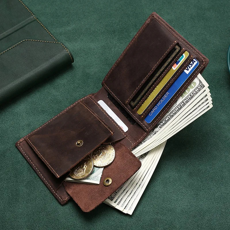 Portefeuille homme cuir véritable crazy horse bifold avec RFID et porte-monnaie compact — photo 1