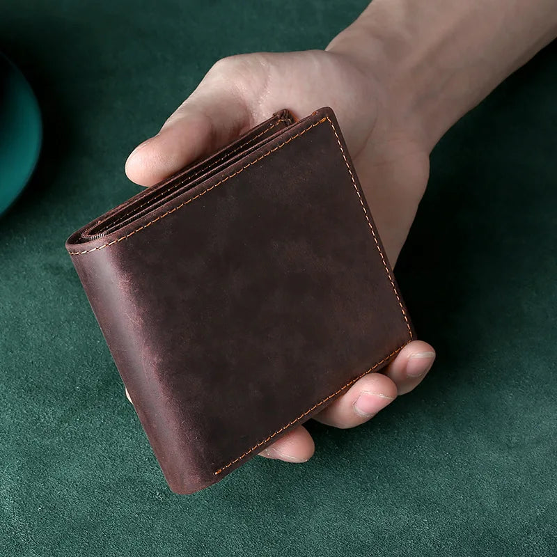 Portefeuille homme cuir véritable crazy horse bifold avec RFID et porte-monnaie compact — photo 2