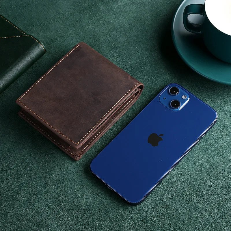 Portefeuille homme cuir véritable crazy horse bifold avec RFID et porte-monnaie compact — photo 5
