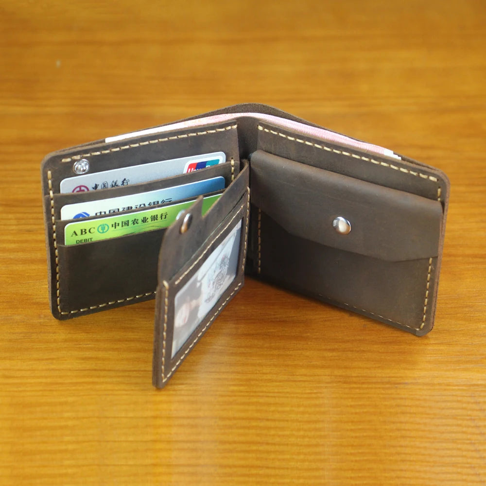 Portefeuille homme cuir véritable crazy horse bifold compact avec porte-monnaie — photo 1