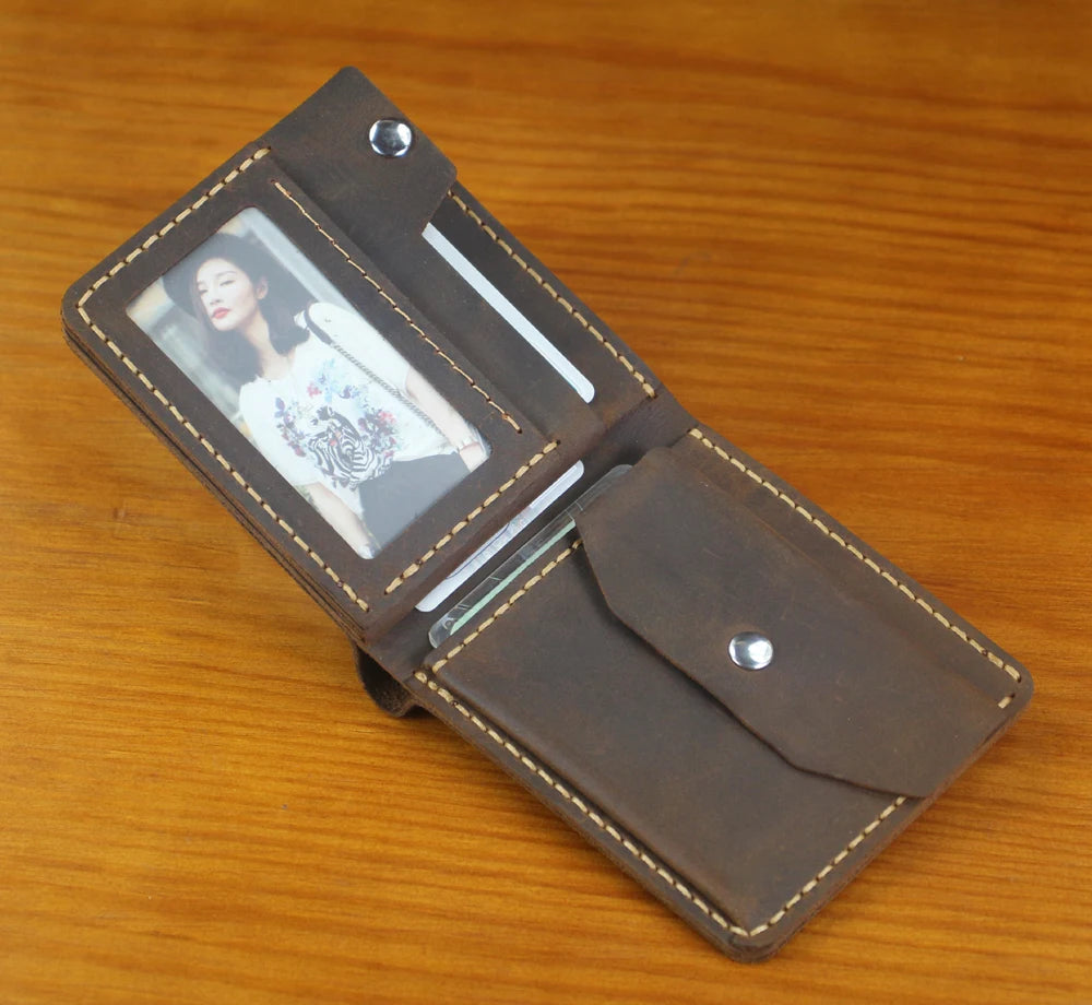 Portefeuille homme cuir véritable crazy horse bifold compact avec porte-monnaie — photo 4 Image