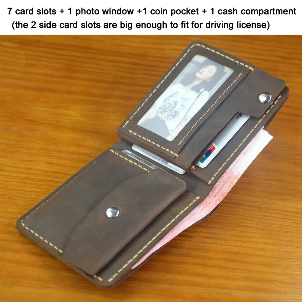 Portefeuille homme cuir véritable crazy horse bifold compact avec porte-monnaie — photo 6