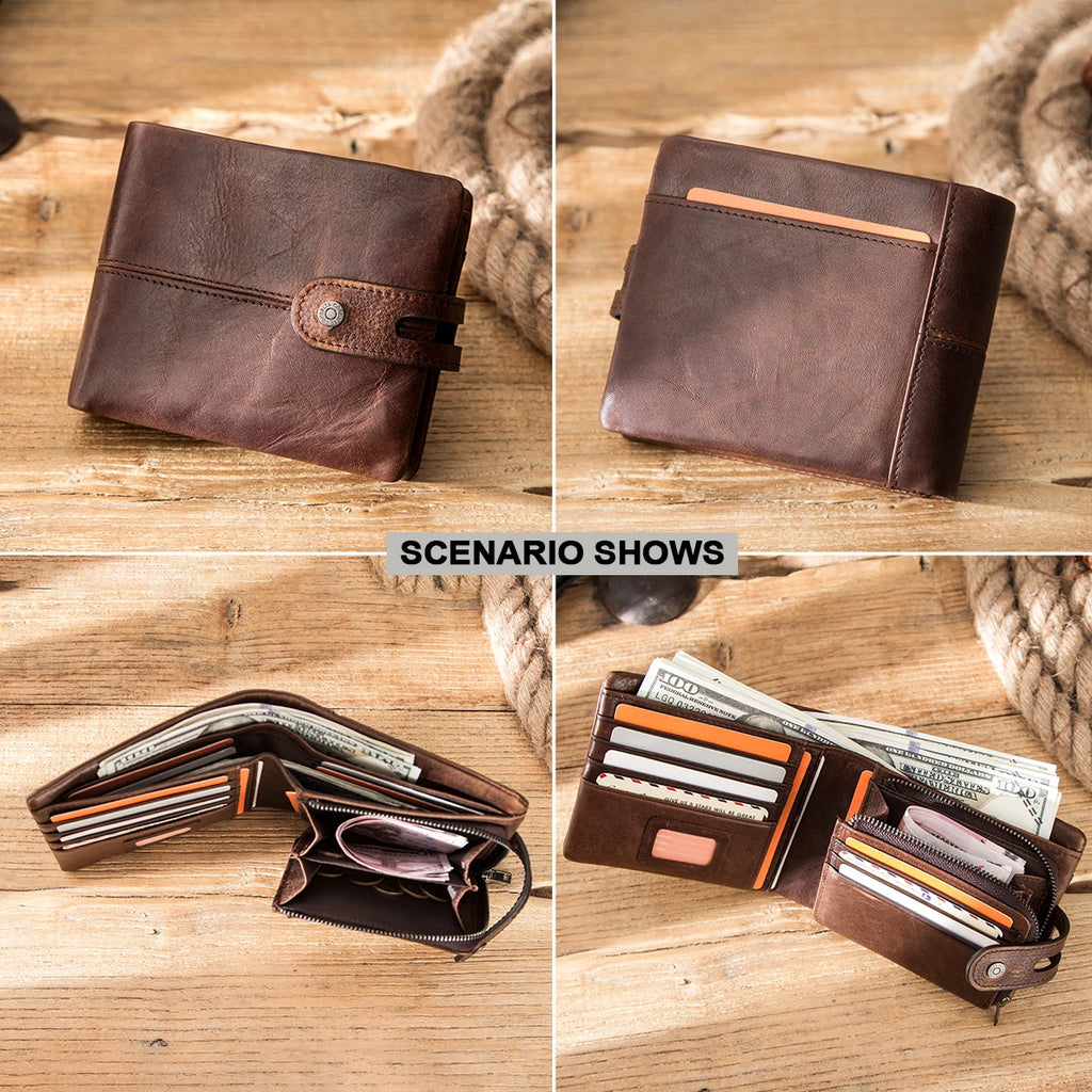 Portefeuille homme cuir véritable crazy horse RFID avec zip et bouton pression — photo 1