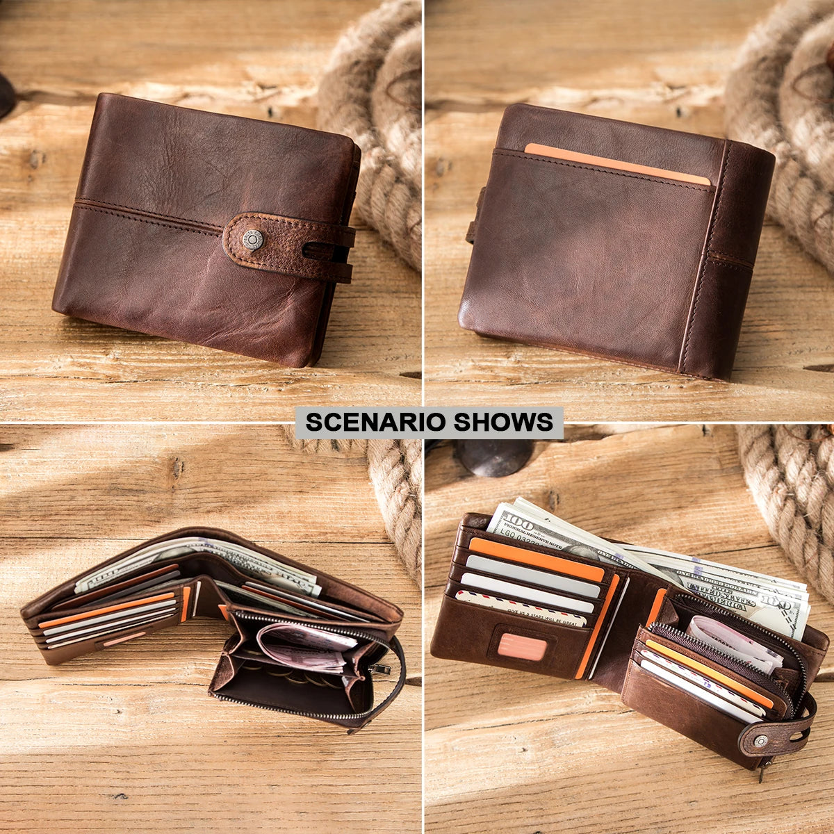 Portefeuille homme cuir véritable crazy horse RFID avec zip et bouton pression — photo 1