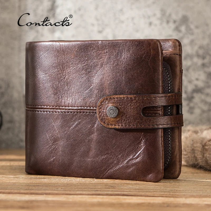 Portefeuille homme cuir véritable crazy horse RFID avec zip et bouton pression — photo 3