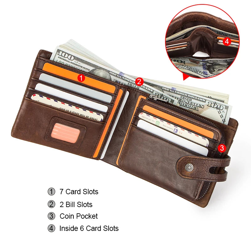 Portefeuille homme cuir véritable crazy horse RFID avec zip et bouton pression — photo 4