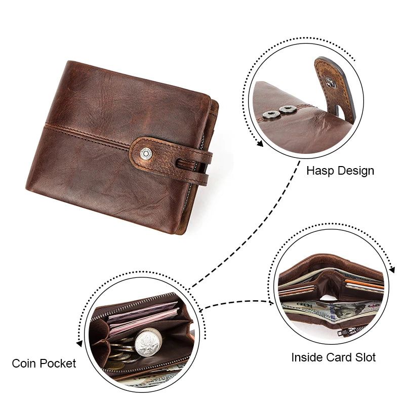 Portefeuille homme cuir véritable crazy horse RFID avec zip et bouton pression — photo 5