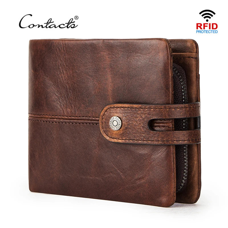 Portefeuille homme cuir véritable crazy horse RFID avec zip et bouton pression — photo 6