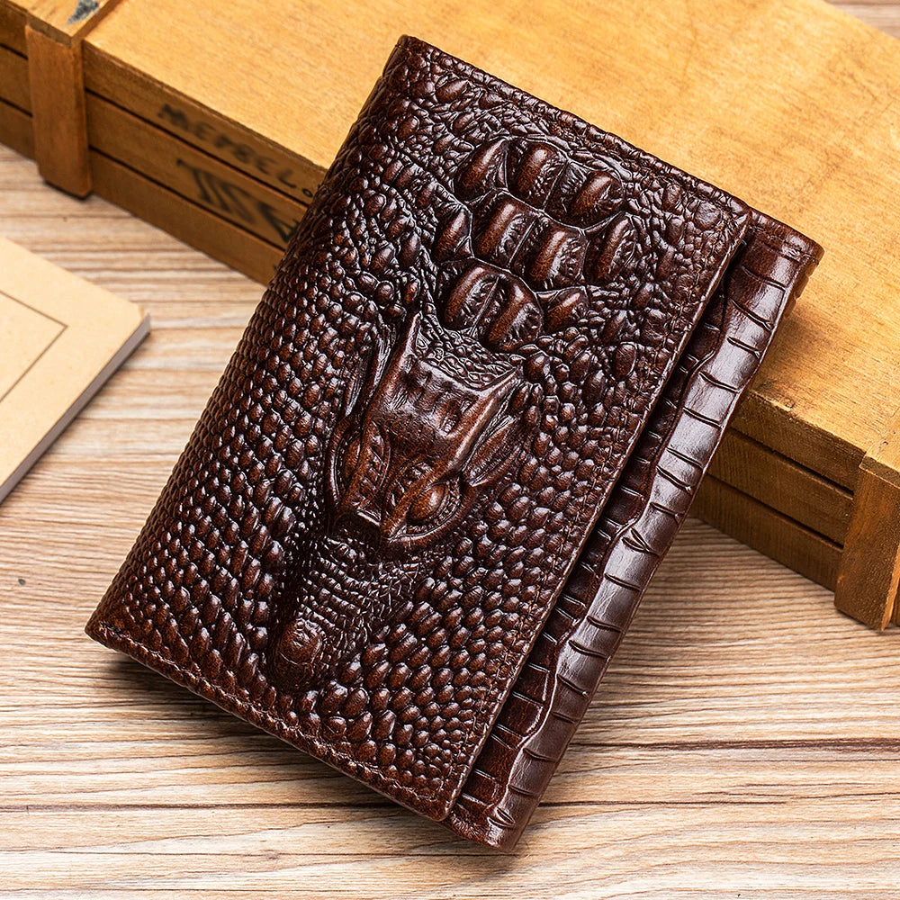 Portefeuille homme cuir véritable motif crocodile compact multi-cartes avec rabat — photo 1
