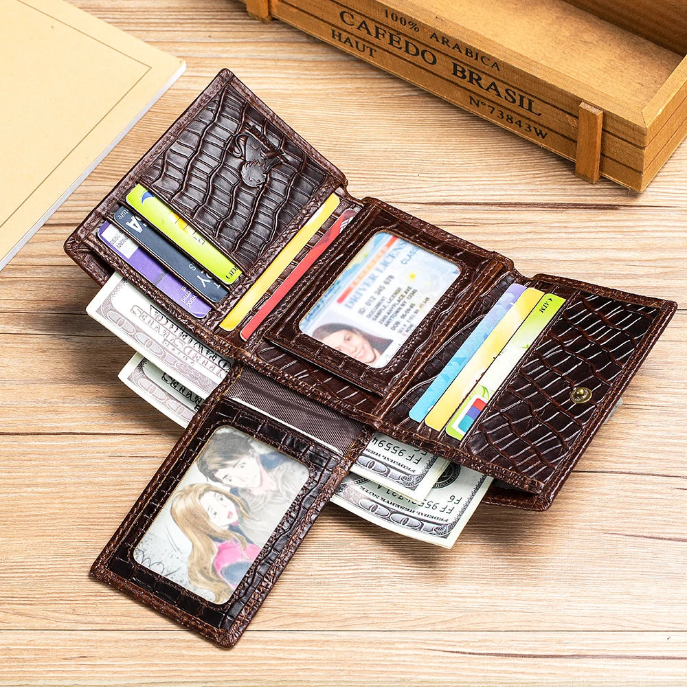 Portefeuille homme cuir véritable motif crocodile compact multi-cartes avec rabat — photo 2
