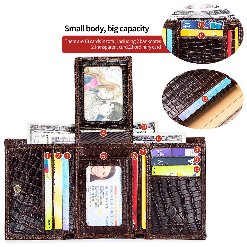 Portefeuille homme cuir véritable motif crocodile compact multi-cartes avec rabat — photo 4