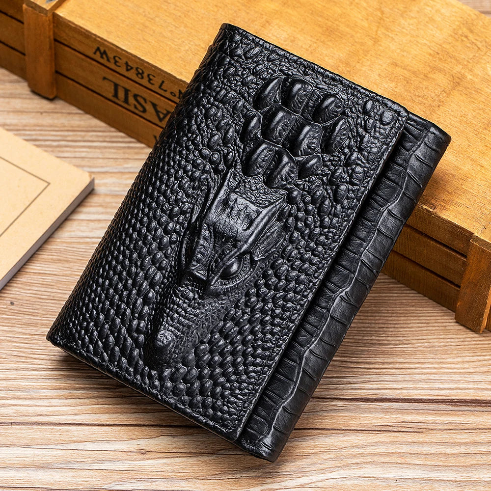 Portefeuille homme cuir véritable motif crocodile compact multi-cartes avec rabat — photo 8 Image