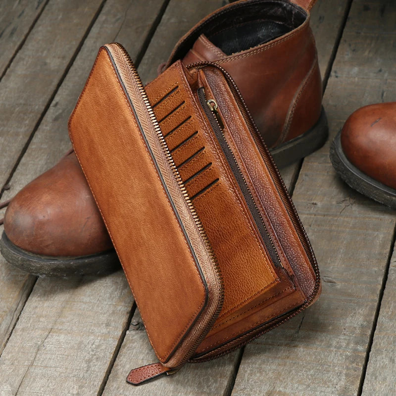 Portefeuille homme cuir véritable long zippé vintage grande capacité avec dragonne — photo 1