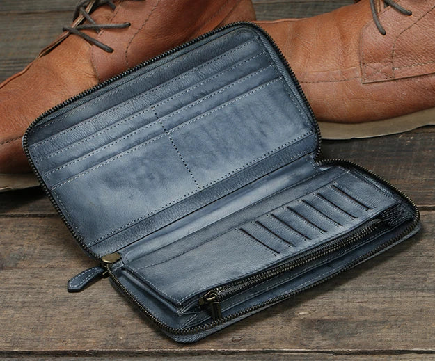 Portefeuille homme cuir véritable long zippé vintage grande capacité avec dragonne — photo 10
