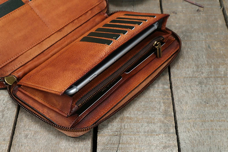 Portefeuille homme cuir véritable long zippé vintage grande capacité avec dragonne — photo 2