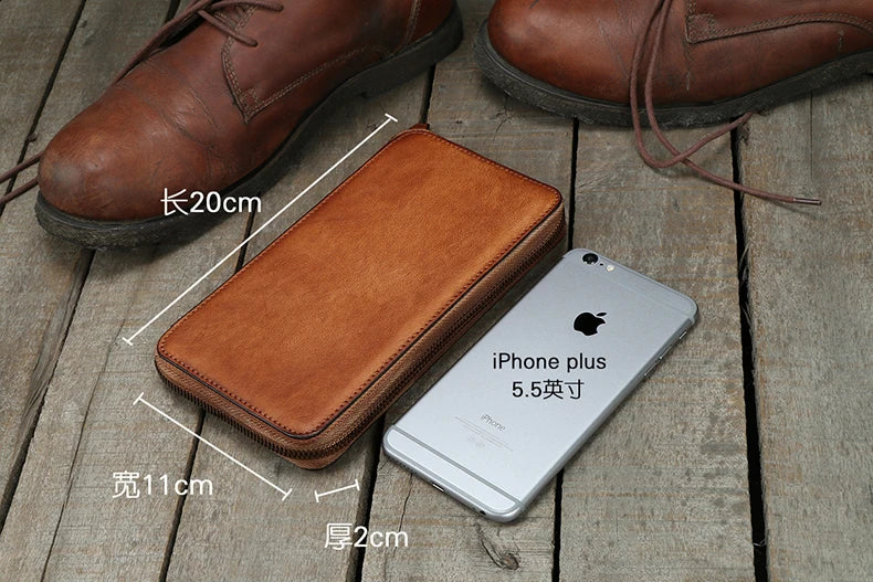 Portefeuille homme cuir véritable long zippé vintage grande capacité avec dragonne — photo 3