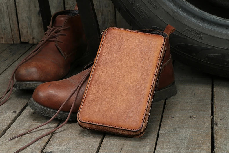 Portefeuille homme cuir véritable long zippé vintage grande capacité avec dragonne — photo 4