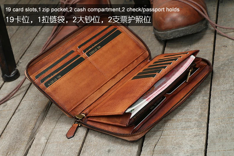 Portefeuille homme cuir véritable long zippé vintage grande capacité avec dragonne — photo 5