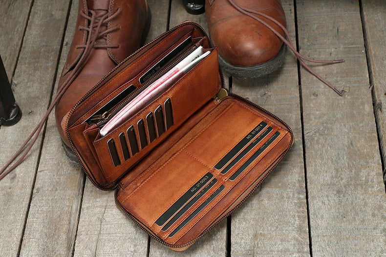 Portefeuille homme cuir véritable long zippé vintage grande capacité avec dragonne — photo 6 Image