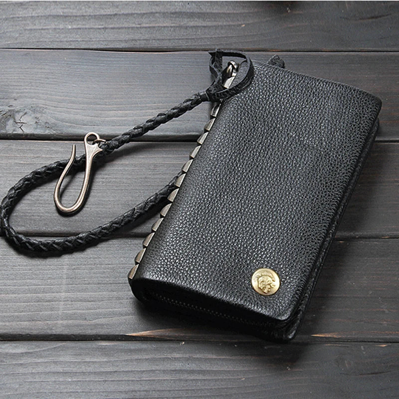 Portefeuille homme cuir véritable long zippé vintage grande capacité avec dragonne — photo 8
