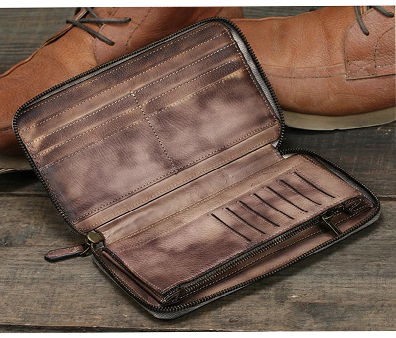 Portefeuille homme cuir véritable long zippé vintage grande capacité avec dragonne — photo 9