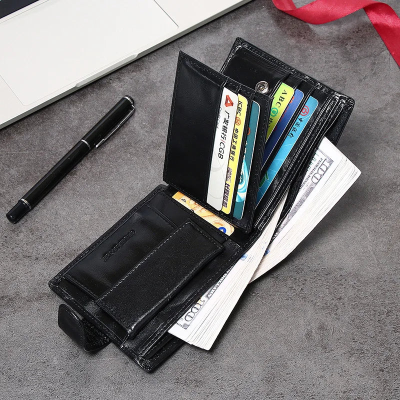 Portefeuille homme cuir véritable trifold noir avec bouton pression et porte-cartes — photo 1